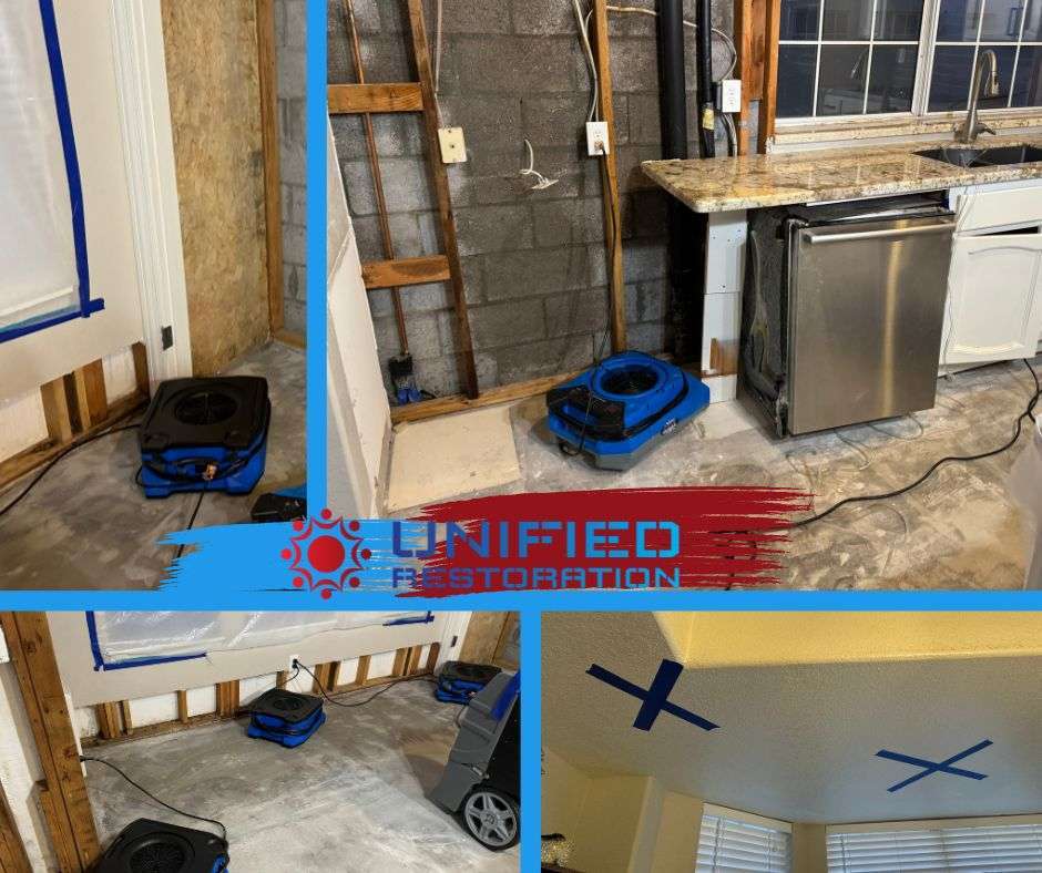 Professional water damage restoration equipment including dehumidifiers and air movers set up on a job site in Scottsdale Arizona following demolition