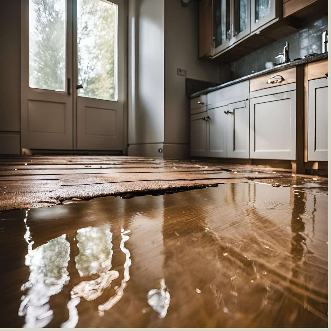 Flooded kitchen with standing water on hardwood floor, showing the aftermath of water damage in a residential home