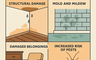Four-part image showing water damage effects: ceiling damage labeled “Structural Damage,” wall tile mold labeled “Mold and Mildew,” furniture in standing water labeled “Damaged Belongings,” and a cockroach labeled “Increased Risk of Pests”