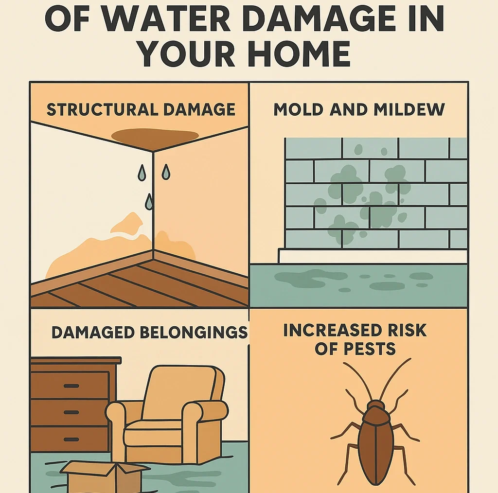 Common effects of water damage including structural damage, mold, damaged belongings, and pest risks