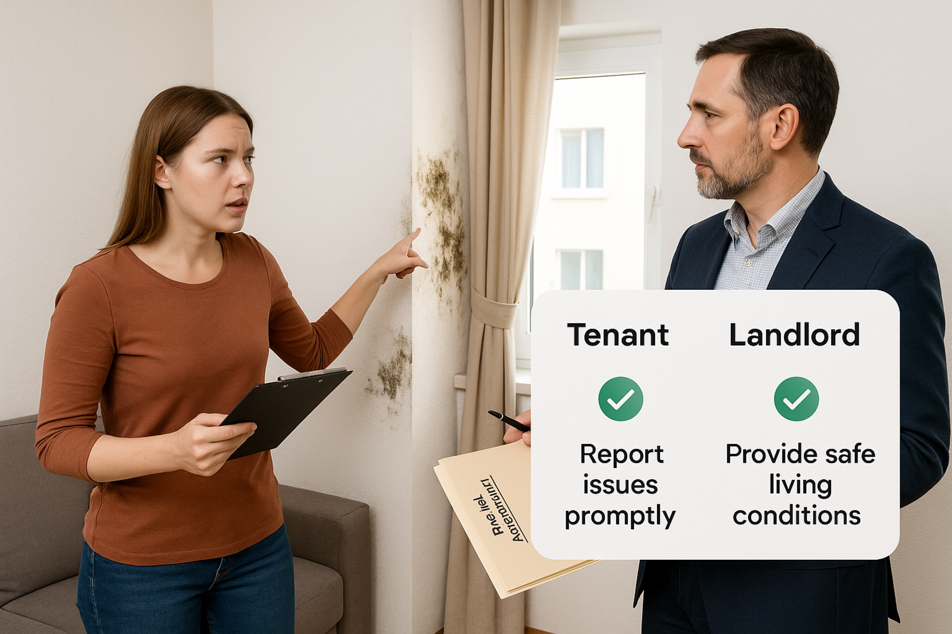 Tenant and landlord discussing mold responsibilities in an Arizona rental property
