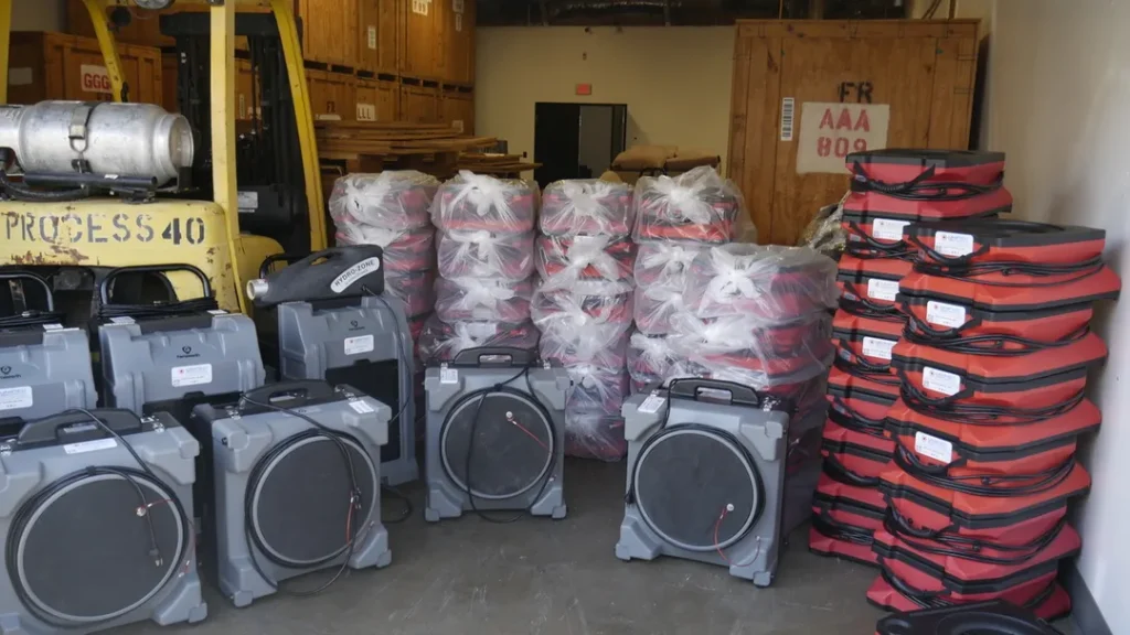 Commercial-grade water damage restoration equipment including air scrubbers dehumidifiers and air movers organized in Unified Restoration's shop