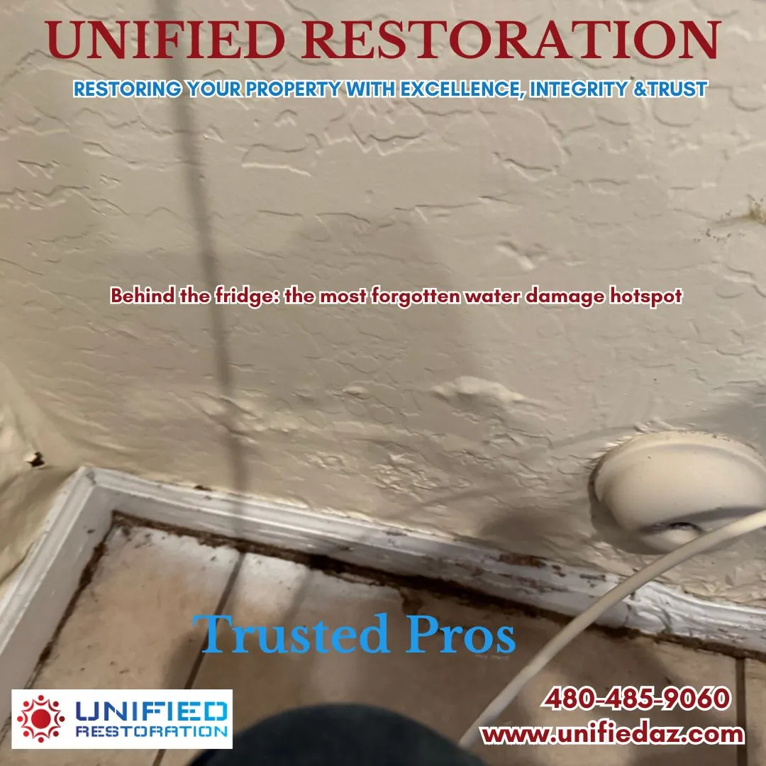 Hidden water damage behind refrigerator drywall