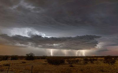 A dramatic desert landscape under a dark, stormy sky. Thick, layered clouds dominate the scene as multiple lightning bolts strike the ground in the distance. Sparse desert vegetation and a dry, brown field are visible in the foreground.
