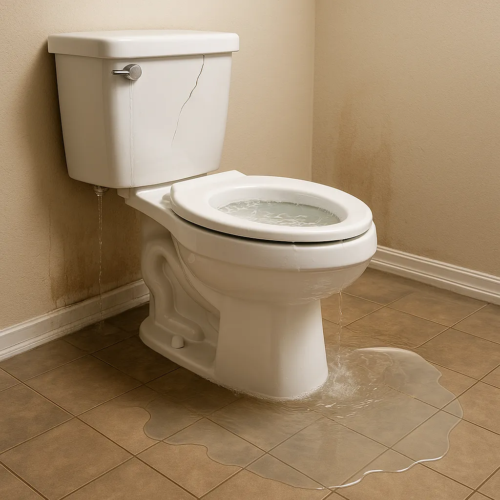 Toilet tank and toilet bowl with water on bathroom floor