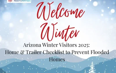 Graphic for Unified Restoration with snowy winter background, pine trees, and text reading ‘Welcome Winter – Arizona Winter Visitors 2025: Home & Trailer Checklist to Prevent Flooded Homes.’ Unified Restoration logo appears at the top left