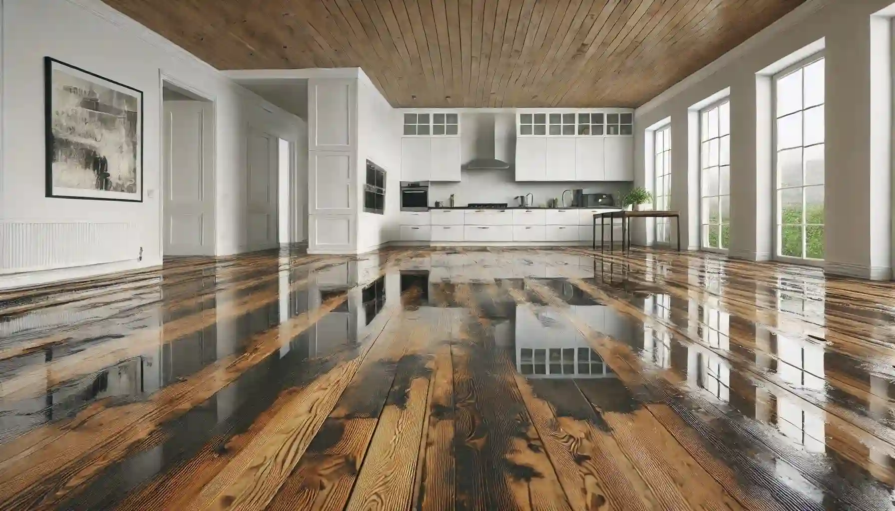 Water damage restoration in Mesa Arizona — standing water flooding a modern kitchen and living room, showing the need for emergency water removal and structural drying