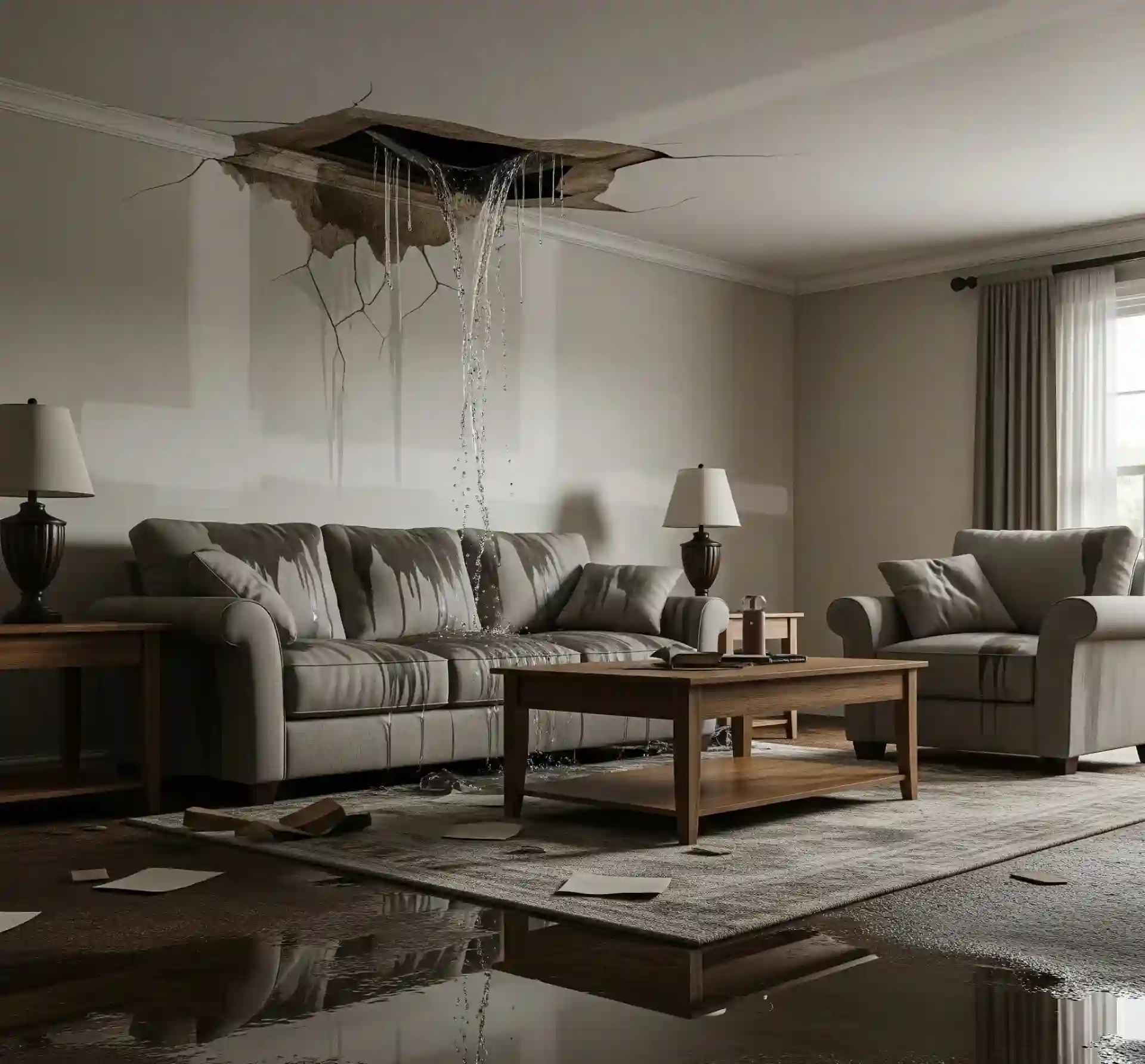 Water damage in a living room with waterlogged carpet and drywall.