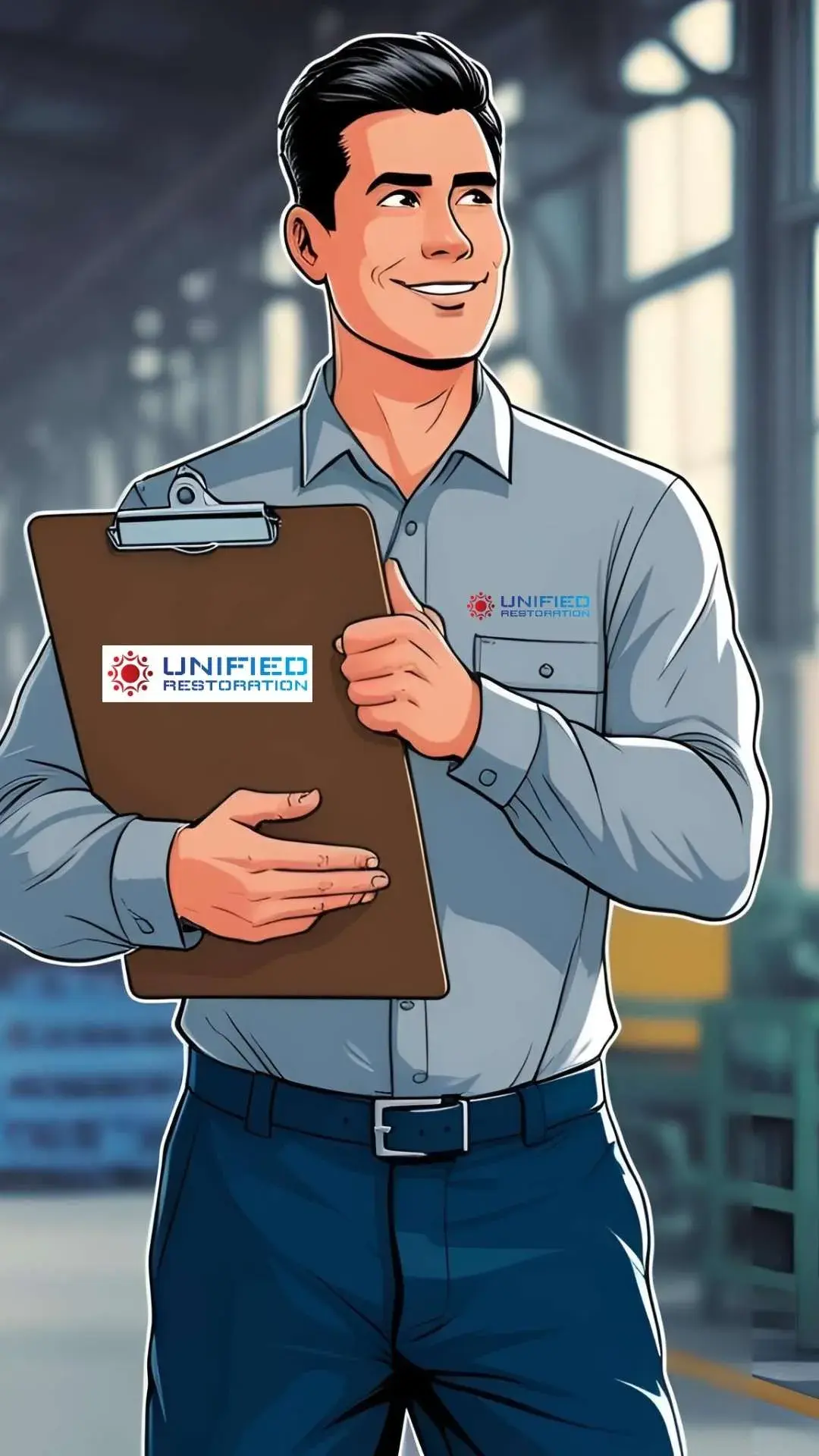 Illustration of a smiling restoration technician from Unified Restoration holding a clipboard with the company logo inside an industrial facility.