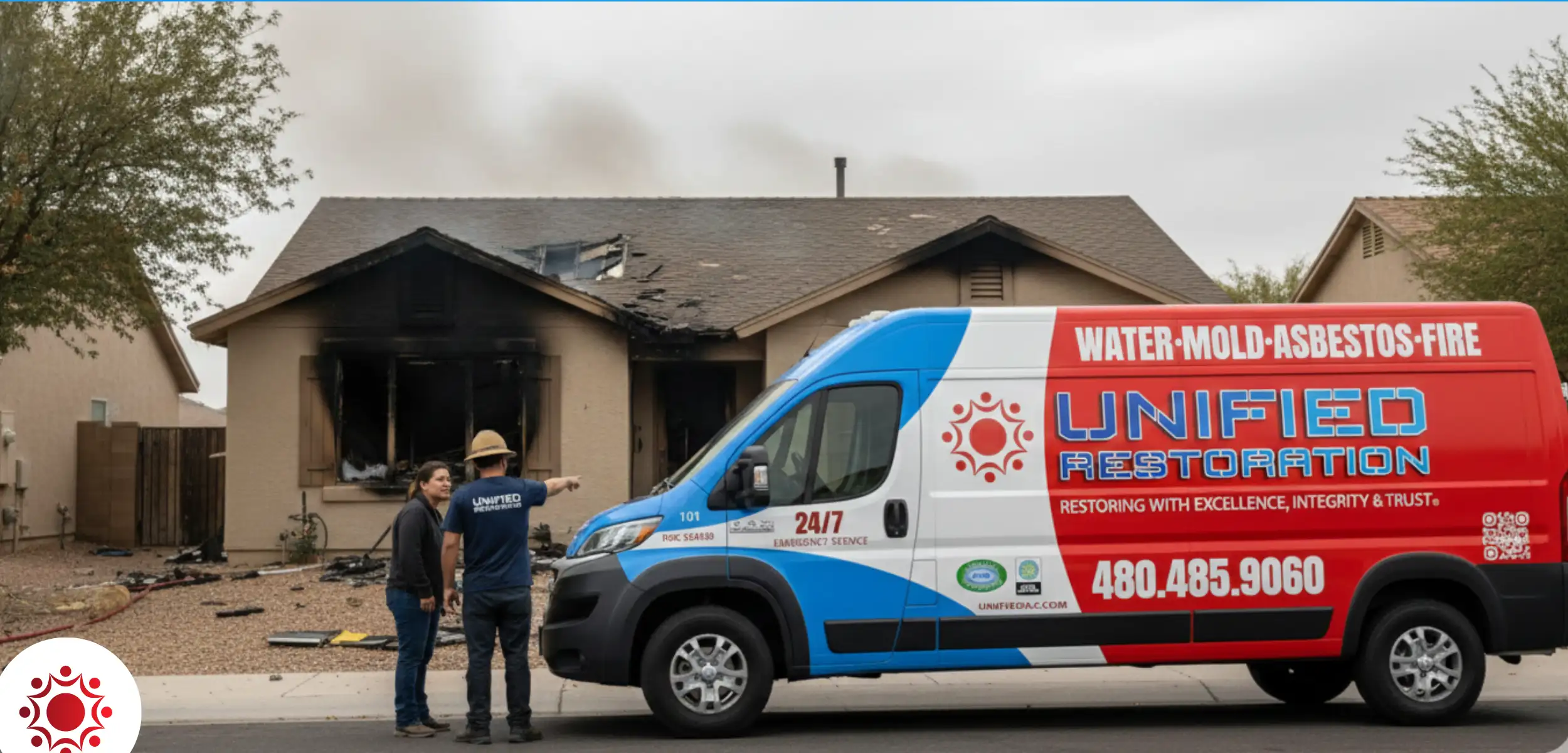 co-founders of Unified Restoration standing with professional restoration equipment inside their Mesa AZ shop