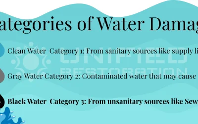 Infographic illustrating Categories of Water Damage: Clean Water, Gray Water, and Black Water as defined by IICRC standards
