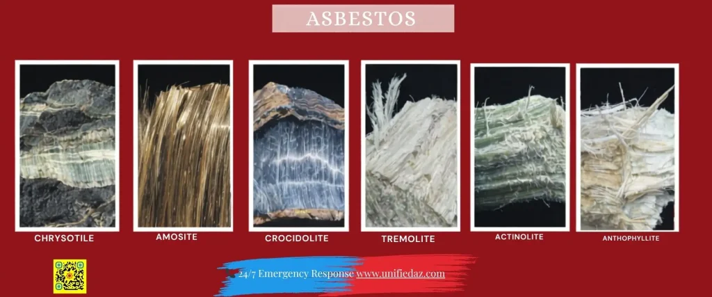 Chart showing six types of asbestos including chrysotile, amosite, crocidolite, tremolite, actinolite, and anthophyllite