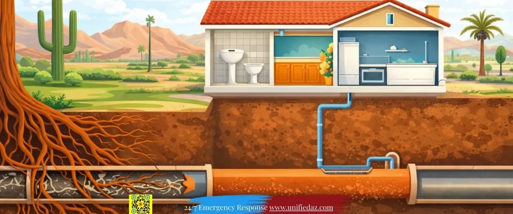 Diagram of tree roots penetrating a drain pipe beneath a Phoenix Arizona home causing sewer line damage