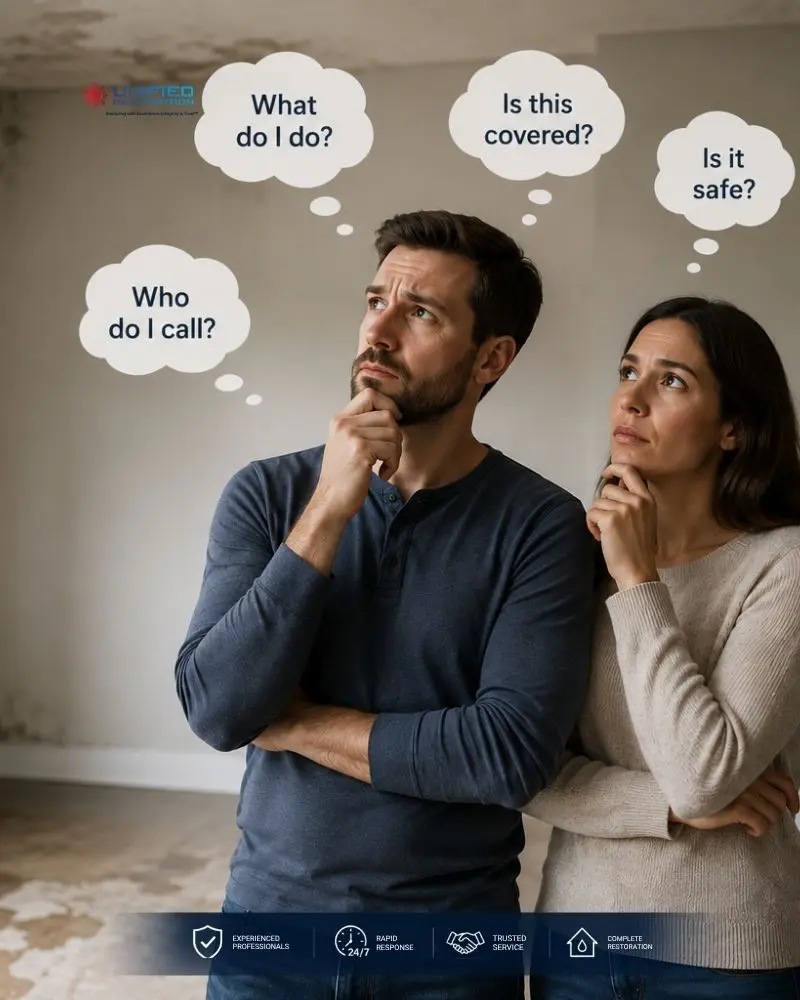 Concerned Arizona homeowner couple surrounded by thought bubbles asking Who do I call?, What do I do?, Is this covered?, Is it safe?, and How fast can help arrive? — standing in a mold-damaged room answered by Unified Restoration LLC FAQs