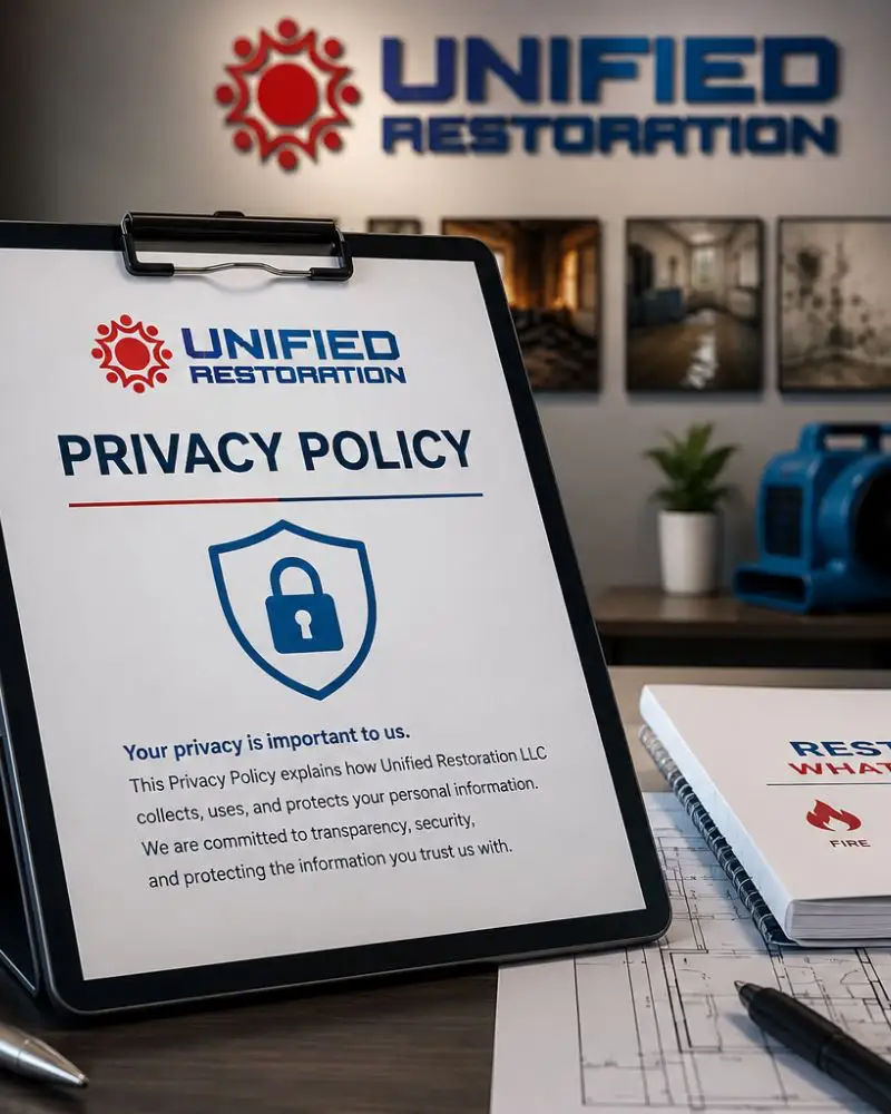 Unified Restoration LLC Privacy Policy document on a professional office desk with branded hard hat, air mover equipment, branded coffee mug, and Restoring What Matters service notebook — Mesa, Arizona restoration company