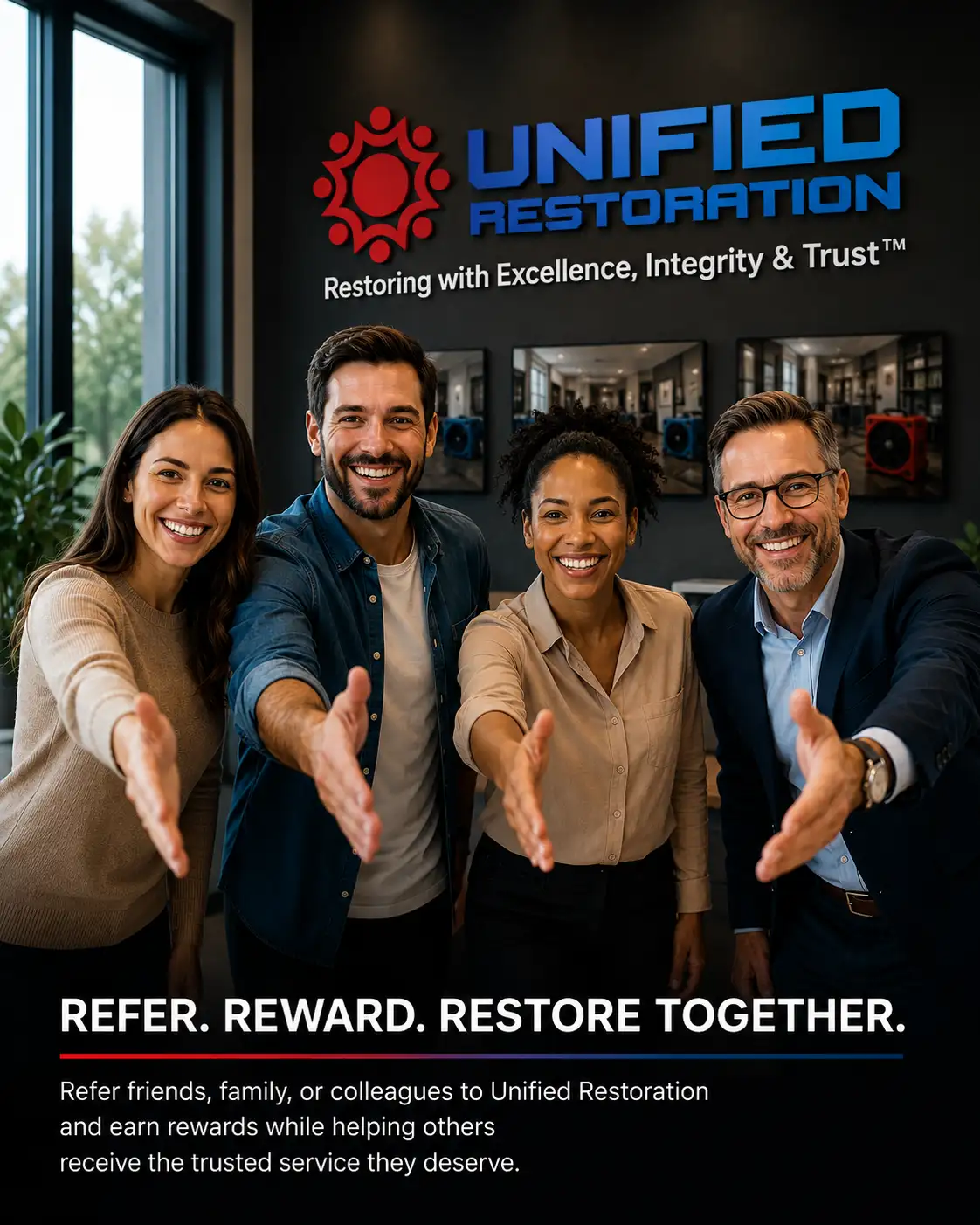 Four smiling people extending their hands toward the viewer in front of the Unified Restoration LLC logo wall, promoting the Refer. Reward. Restore Together. referral rewards program for Mesa, Arizona restoration customers