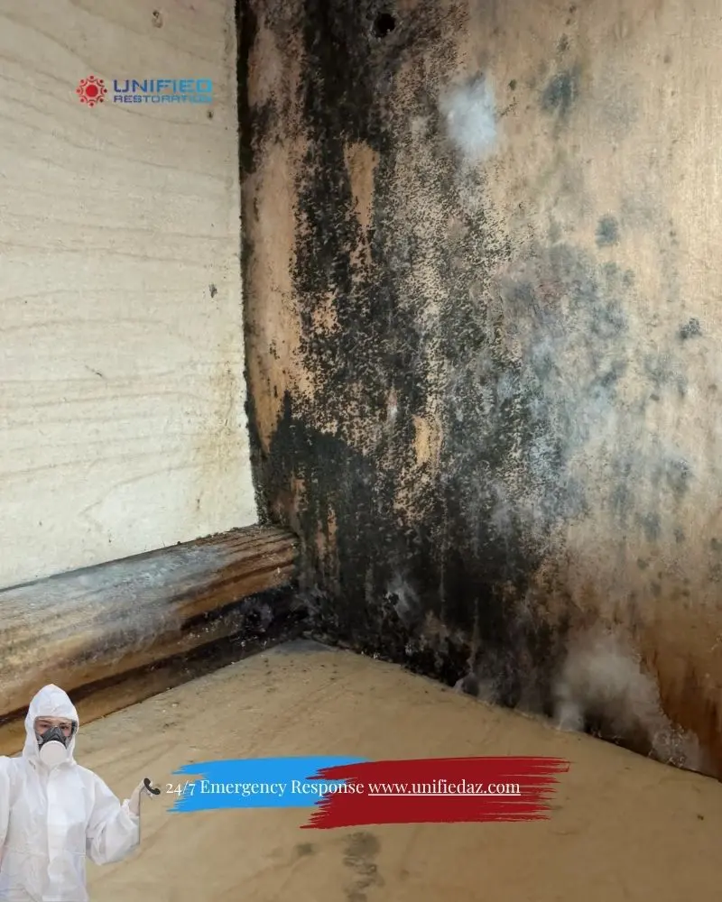Mold remediation and testing in Mesa Arizona — certified technician treating black mold growth on interior wall requiring professional containment and removal