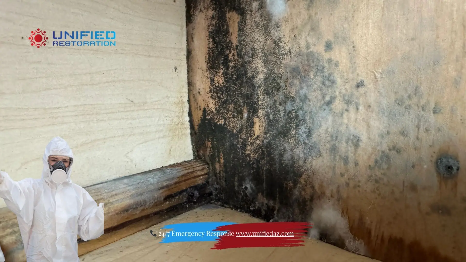 Unified Restoration LLC mold remediation specialist in full PPE protective suit and respirator pointing to extensive black mold growth covering interior corner walls in an Arizona residential property
