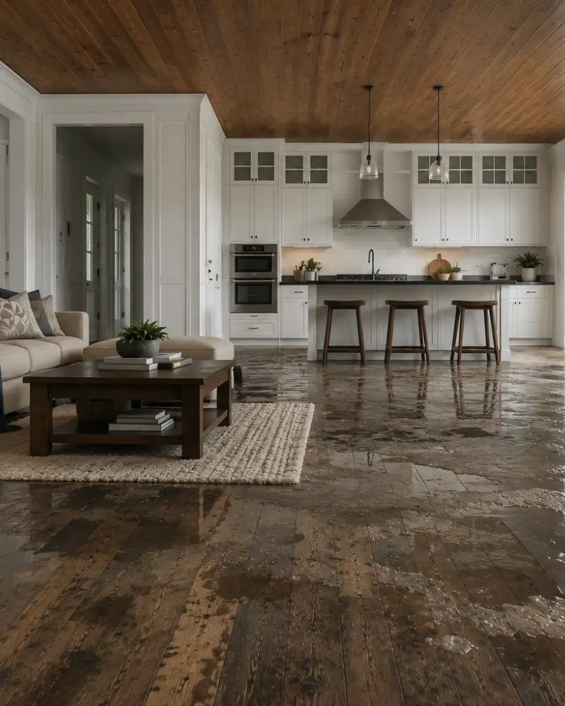 Water damage restoration in Mesa Arizona — standing water flooding a modern kitchen and living room, showing the need for emergency water removal and structural drying