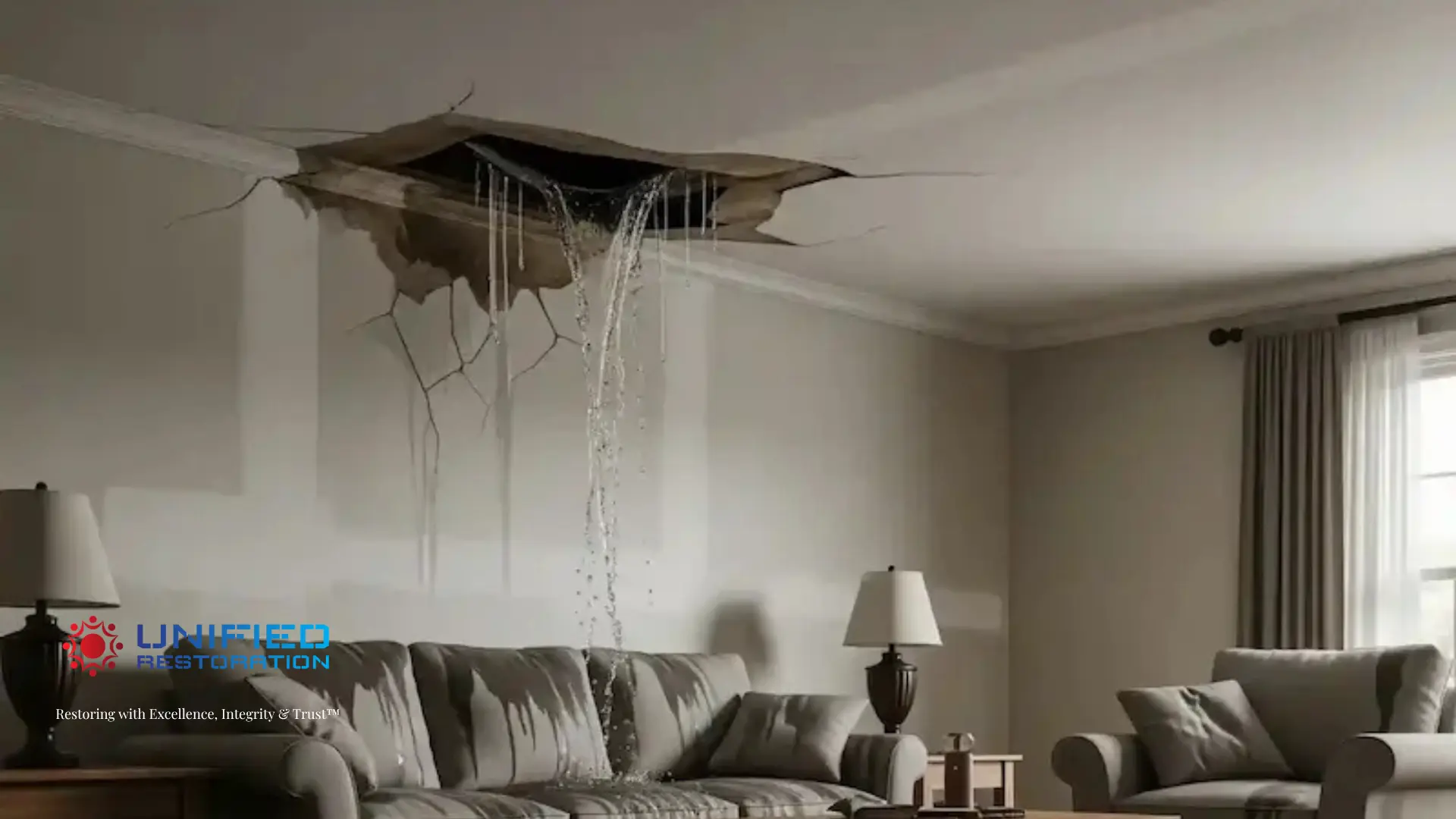 Water actively pouring through a burst and collapsed drywall ceiling into a living room with gray sofa and furniture — severe interior water damage caused by a clogged AC condensate drain line overflow in an Arizona home requiring emergency water damage restoration