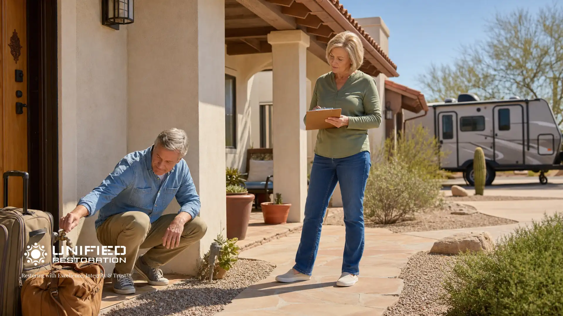 Older couple arriving at their Arizona winter home — man checking outdoor plumbing at the base of a stucco adobe home with travel luggage nearby, woman reviewing a home inspection checklist, and an RV travel trailer parked in the desert-landscaped driveway — snowbird winter visitor home checklist for Mesa, Arizona homeowners