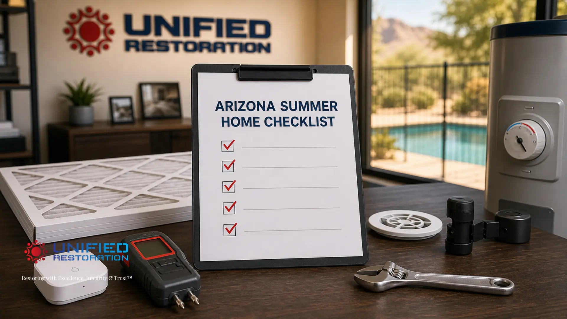 Unified Restoration LLC "Arizona Summer Home Checklist" clipboard with 5 red checkmarks surrounded by summer home maintenance tools — HVAC air filter, digital moisture meter, water leak sensor, water heater with thermostat, smoke detector, and adjustable wrench — Arizona desert pool and mountain view visible through window