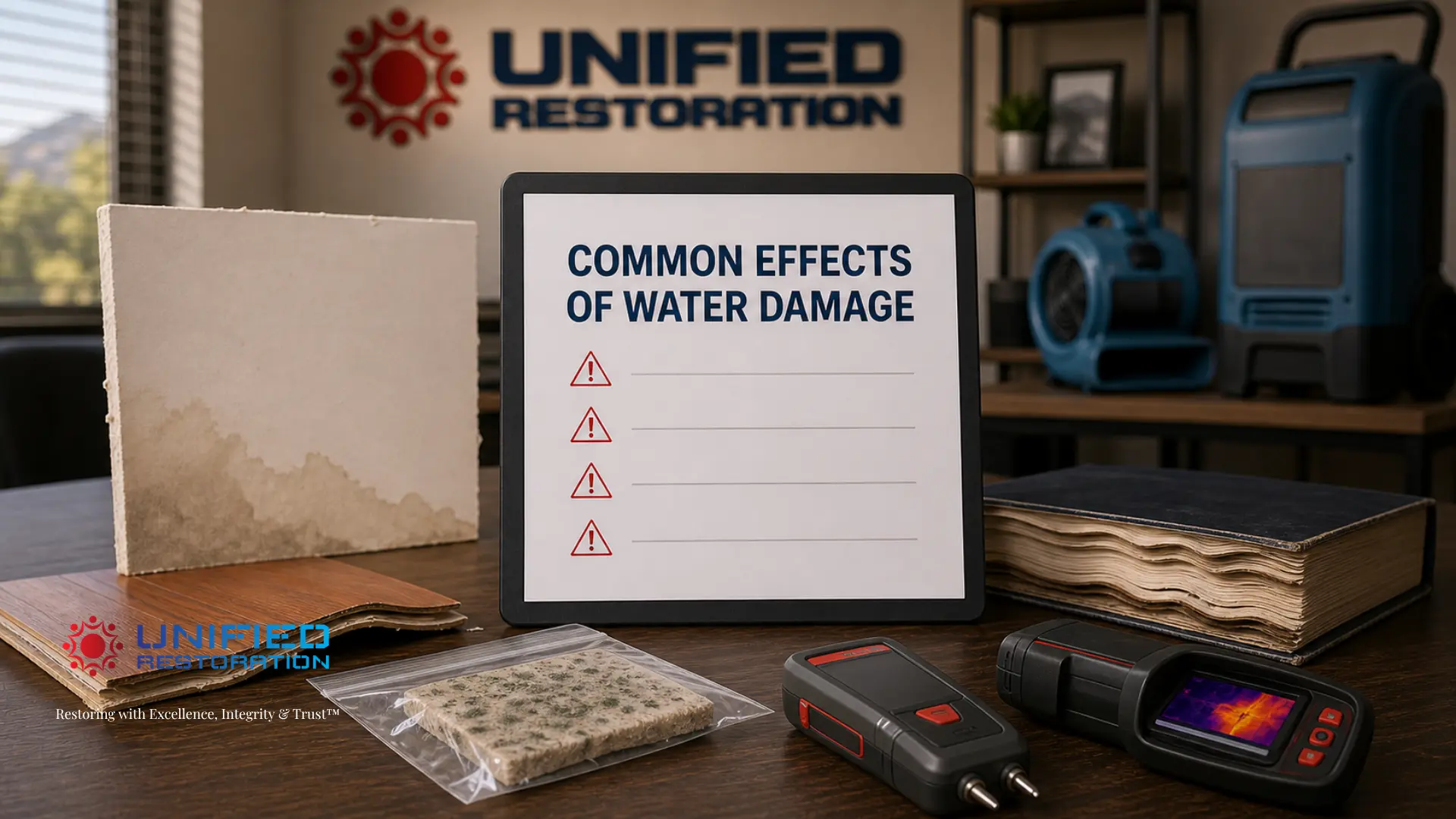 Unified Restoration LLC desk display showing "Common Effects of Water Damage" with physical evidence samples — mold-damaged drywall panel, warped laminate flooring, bagged mold sample, water-damaged warped book, digital moisture meter, and thermal imaging camera alongside blue dehumidifier and air mover in the background