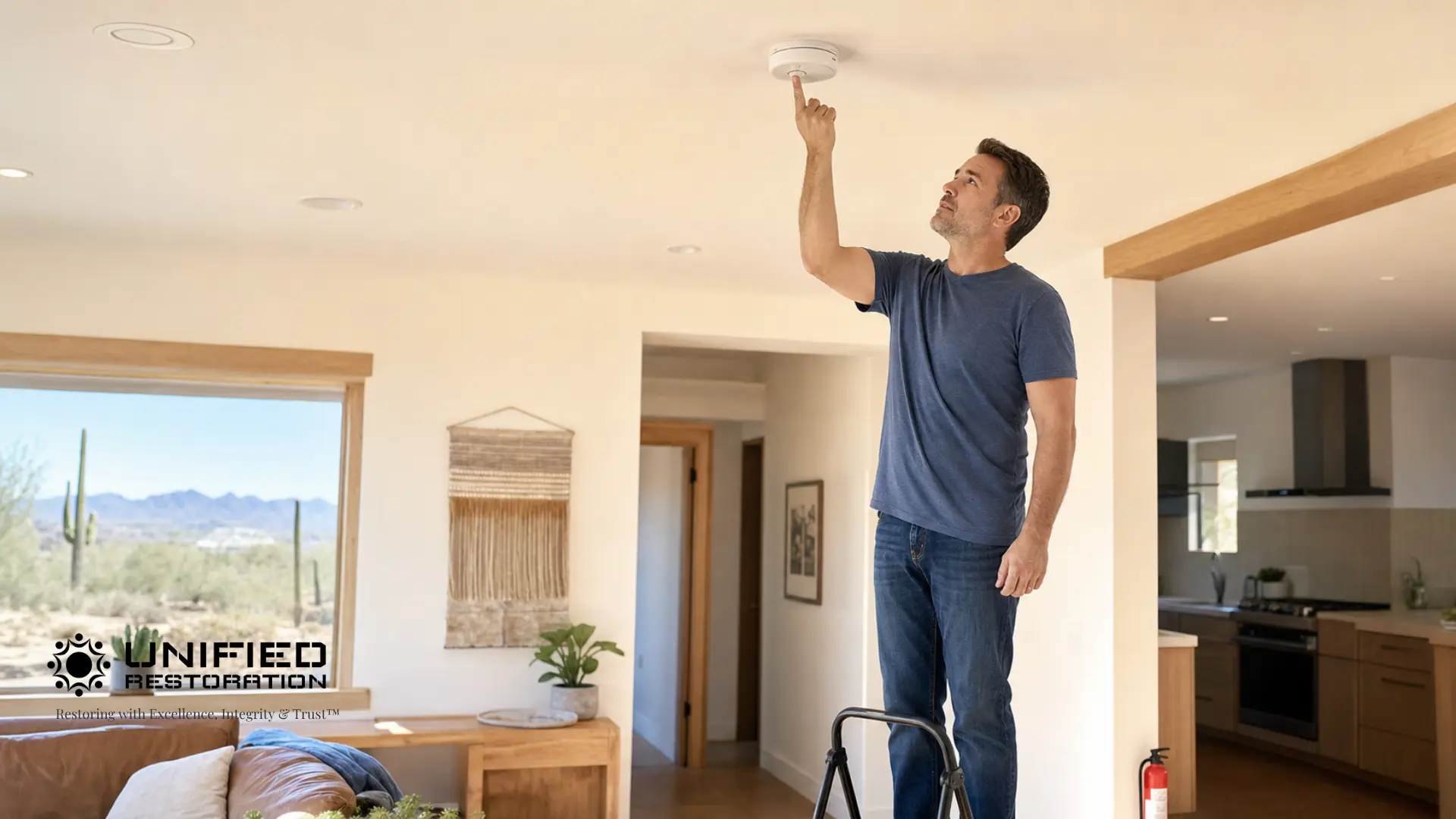 Arizona homeowner standing on a step ladder testing or installing a ceiling-mounted smoke detector in a modern open-concept home with a red fire extinguisher visible nearby and saguaro cactus desert landscape through the window — fire safety resource for Mesa, AZ homeowners by Unified Restoration LLC