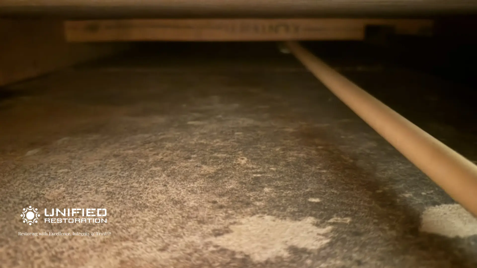 Close-up of a dark crawl space or attic subfloor surface showing extensive hidden water damage — visible mold colonies, water staining, and moisture damage on structural wood and subflooring material with wood joists visible — signs of hidden water damage in an Arizona home requiring professional mold remediation and water damage restoration