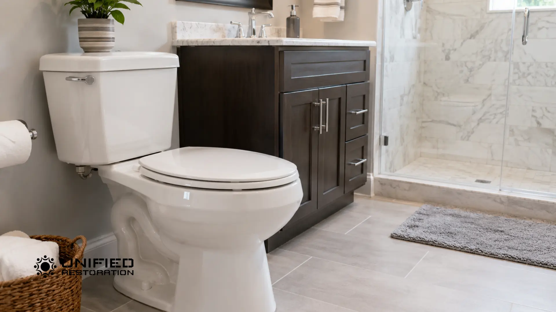 Clean modern Arizona bathroom with white toilet, dark wood vanity, marble countertop, and glass walk-in shower — representing the type of residential bathroom at risk from toilet tank leaks and sewage backups requiring professional water damage restoration