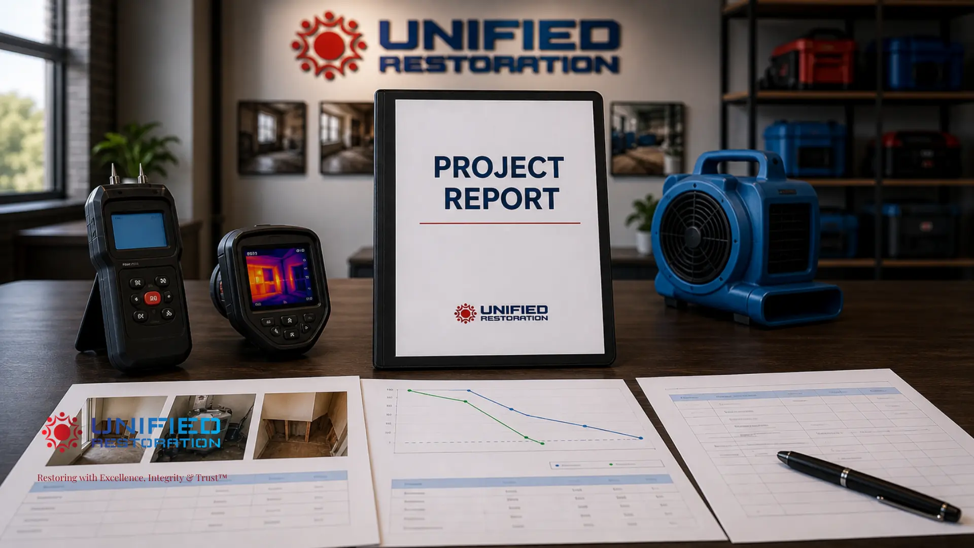 Unified Restoration LLC office desk displaying a branded "PROJECT REPORT" document flanked by a digital moisture meter, FLIR thermal camera, and blue air mover, with three project documentation sheets showing photo evidence, a moisture drying trend graph, and a completion checklist — water damage reporting and documentation process for Arizona homeowners and insurance claims