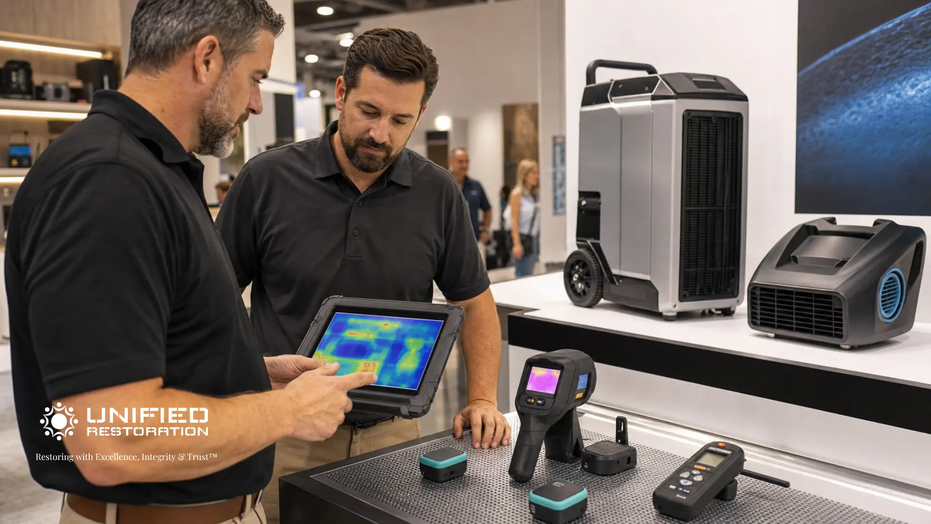 Two restoration industry professionals reviewing a thermal moisture heat map on a rugged tablet at a restoration technology trade show, surrounded by advanced equipment including a thermal imaging camera, digital moisture meters, commercial dehumidifier, and air mover — water damage restoration technology trends featured by Unified Restoration LLC Mesa, AZ