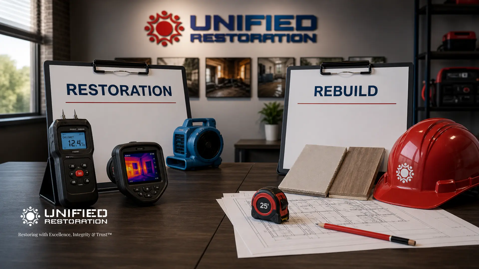 Unified Restoration LLC office desk displaying two clipboards labeled "RESTORATION" and "REBUILD" flanked by restoration equipment — digital moisture meter reading 12.4%, FLIR thermal camera, blue air mover on the restoration side, and floor material samples, branded red hard hat, 25-foot tape measure, and architectural blueprints on the rebuild side — water damage restoration vs rebuild comparison blog post