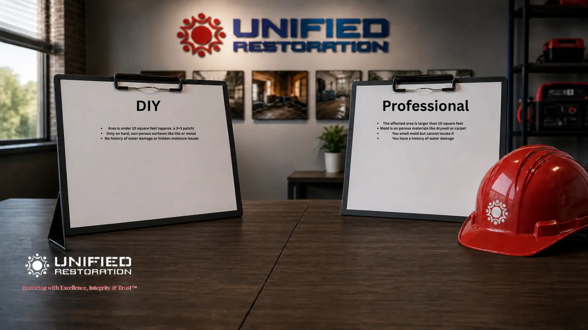 Two clipboards showing DIY mold removal criteria (under 10 sq ft, non-porous surfaces, no water damage history) versus Professional mold remediation criteria (over 10 sq ft, porous materials like drywall, hidden mold, water damage history) with Unified Restoration LLC branded red hard hat — Arizona mold removal decision guide 2025