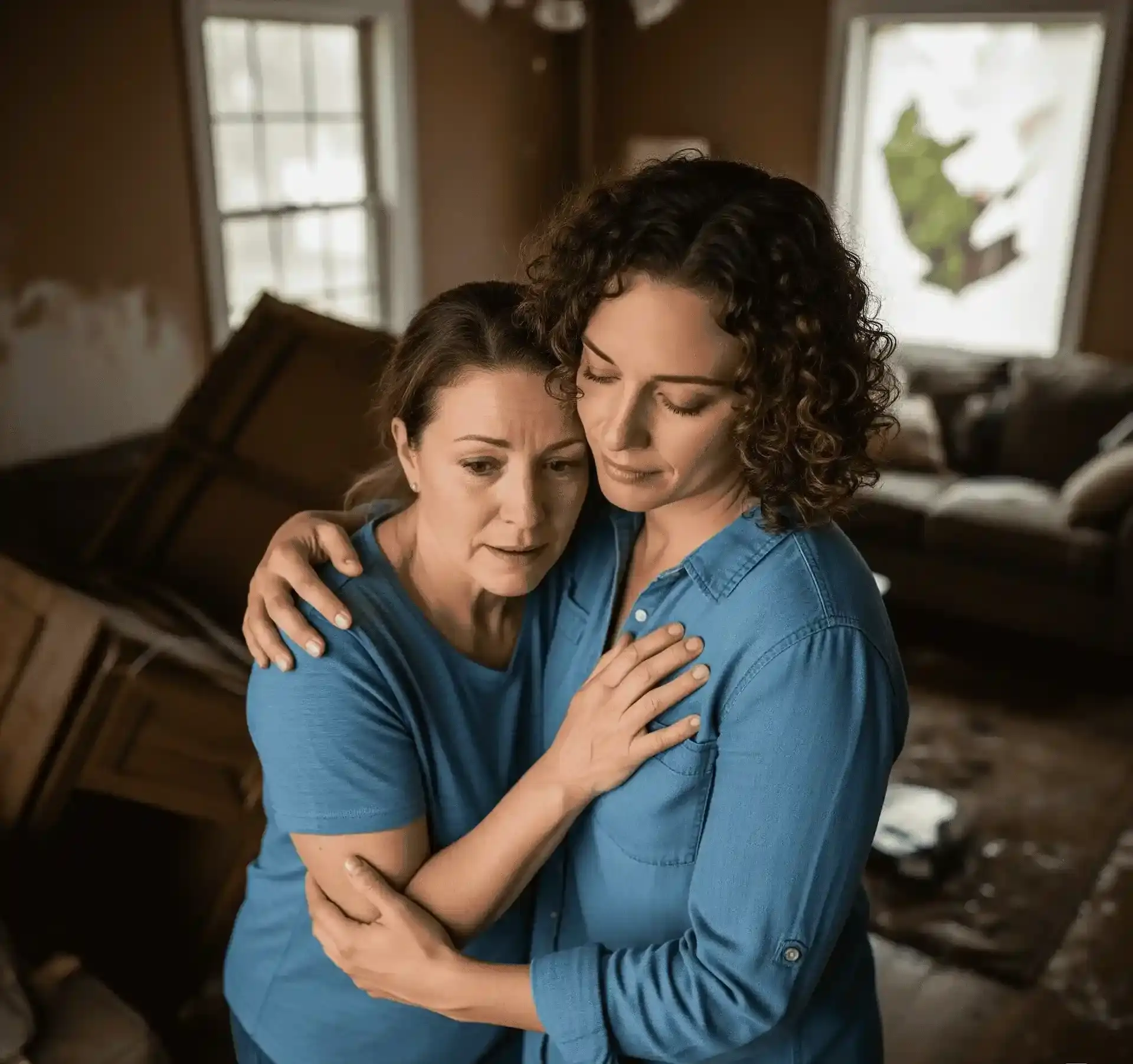 A Unified Restoration LLC family member reassuring a homeowner during water damage cleanup, emphasizing compassionate care